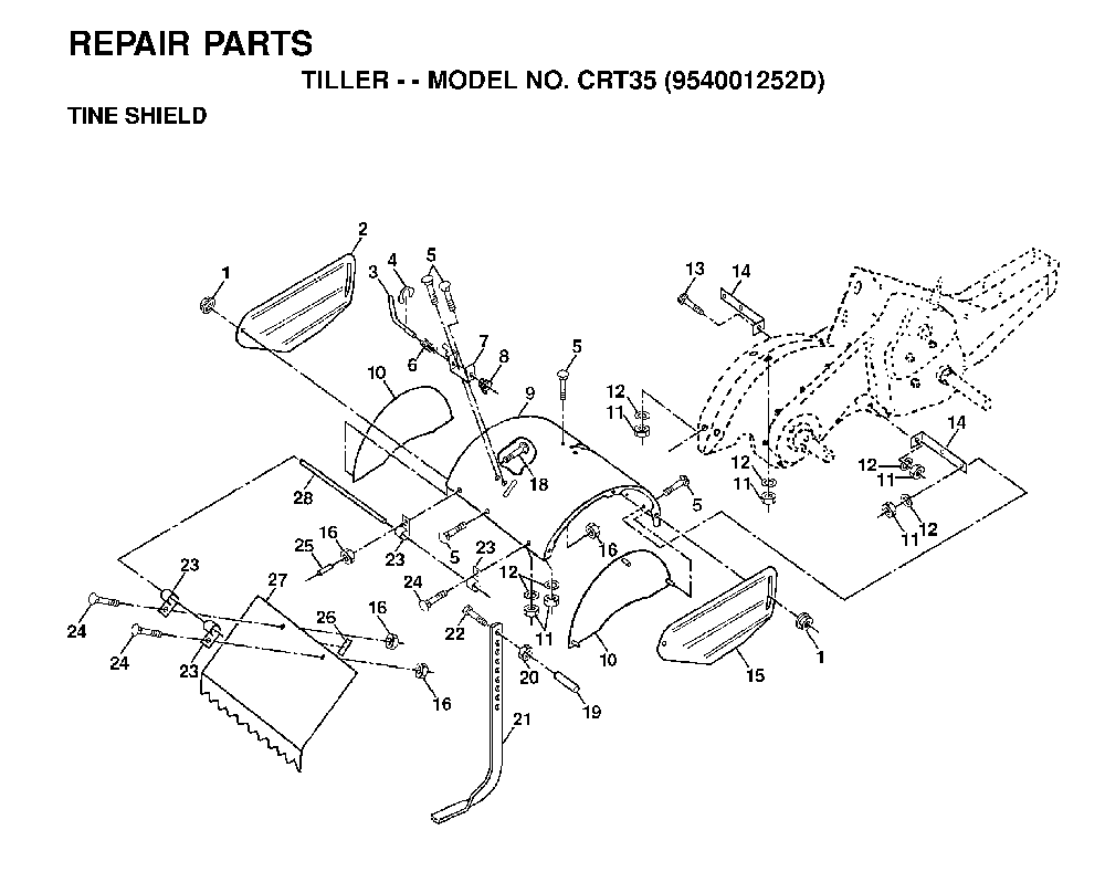 Tine Shield Diagram and Parts List for CRT35 (954001252D)(1996-03) Husqvarna Tiller