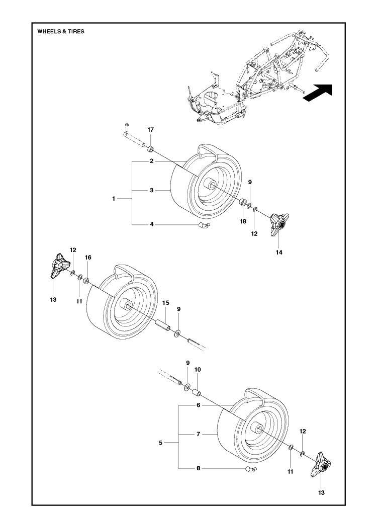Wheels And Tires Diagram and Parts List for R112C (967178402)(2021-01) Husqvarna Lawn Mower