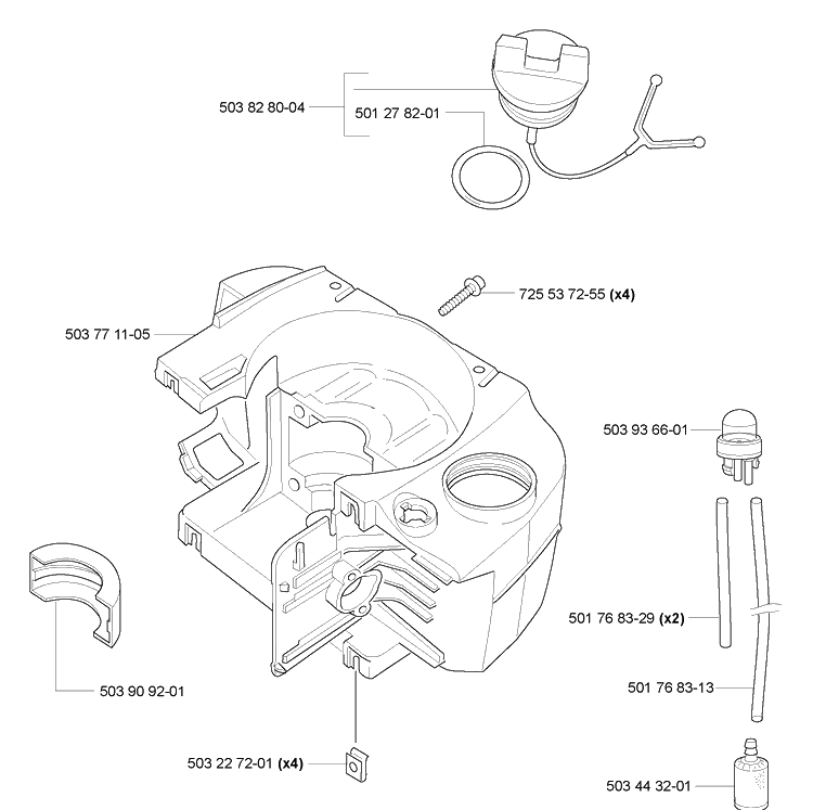 Crankcase/Fuel Tank Diagram and Parts List for 225B 2006-09 Husqvarna Leaf Blower / Vacuum