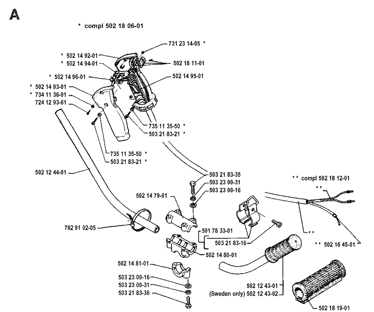 Handle And Controls 2 Diagram and Parts List for 132LD 19904400001-19920100000 Husqvarna Edger