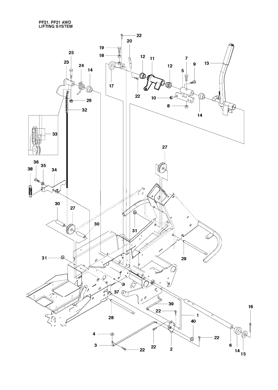 Mower Lift / Deck Lift Diagram and Parts List for PF21 (965192401)(2010-07) Husqvarna Lawn Tractor