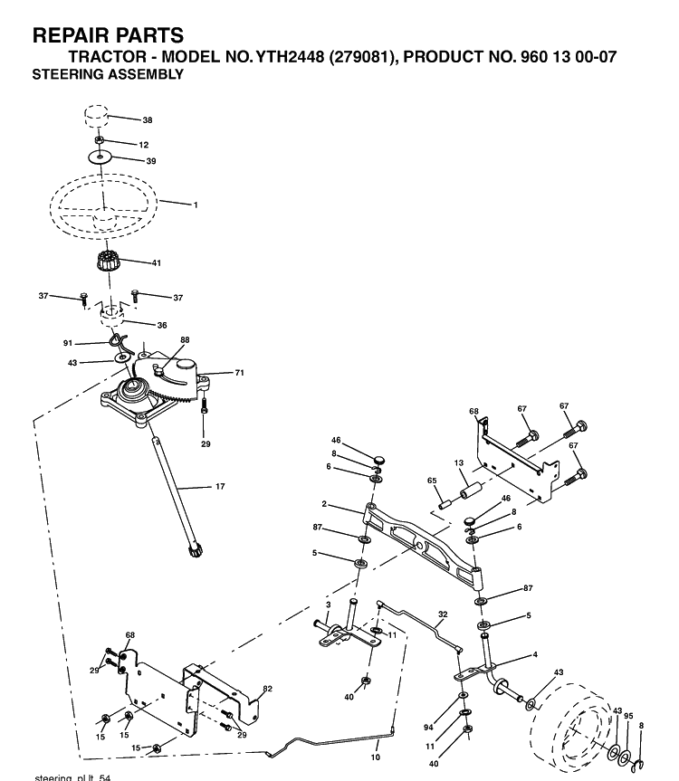 Steering Diagram and Parts List for YTH2448-279081 2005-08 Husqvarna Lawn Tractor