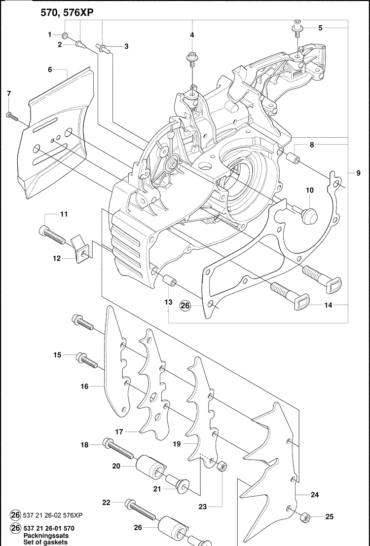 Crankcase 1 Diagram and Parts List for 570EPA 2009-01 Husqvarna Chainsaw