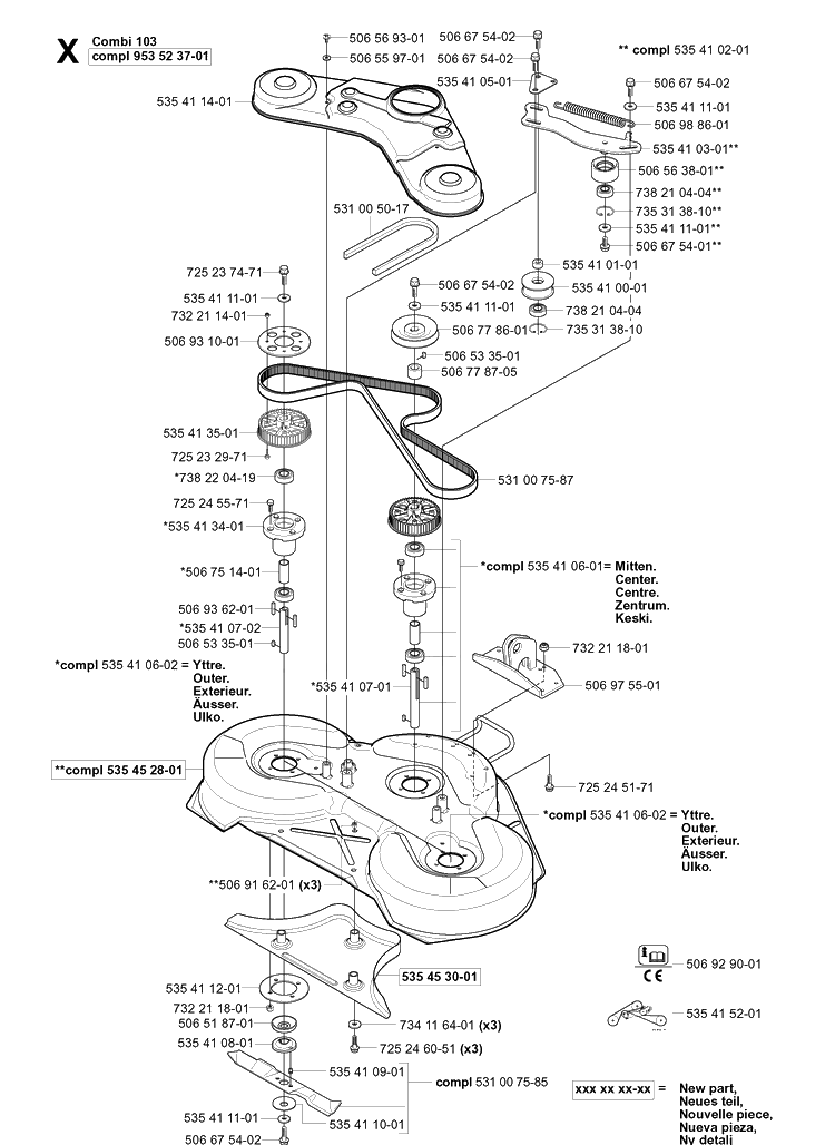 103cm Cutting Deck Diagram and Parts List for RIDER16 2003-01 Husqvarna Lawn Mower