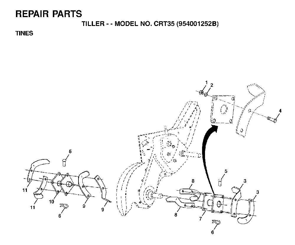Tine Assembly Diagram and Parts List for CRT35 (954001252B)(1995-03) Husqvarna Tiller
