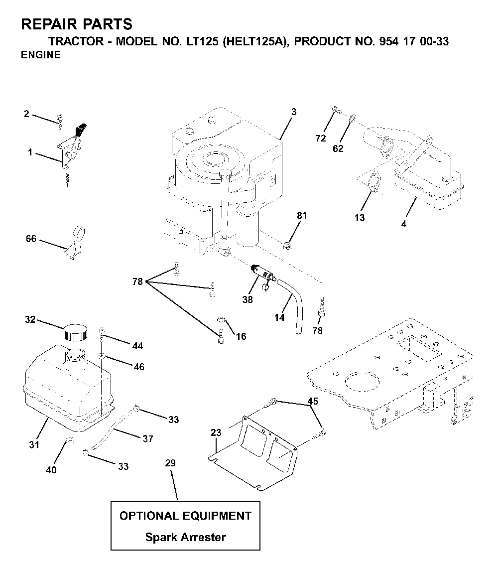 Engine And Cutting Equipment Diagram and Parts List for LT125 (HELT125A, 954170033)(2001-01) Husqvarna Lawn Tractor