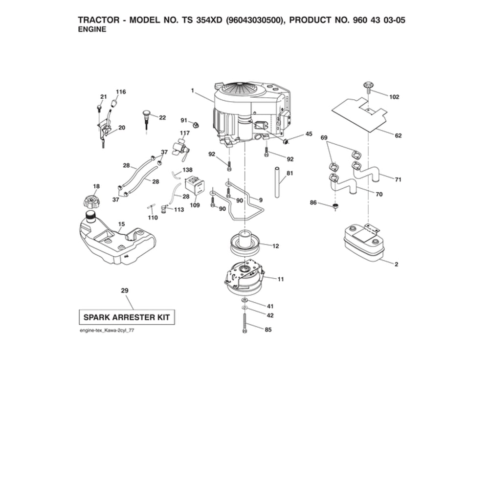 Engine Diagram and Parts List for 96043030500  Husqvarna Lawn Tractor