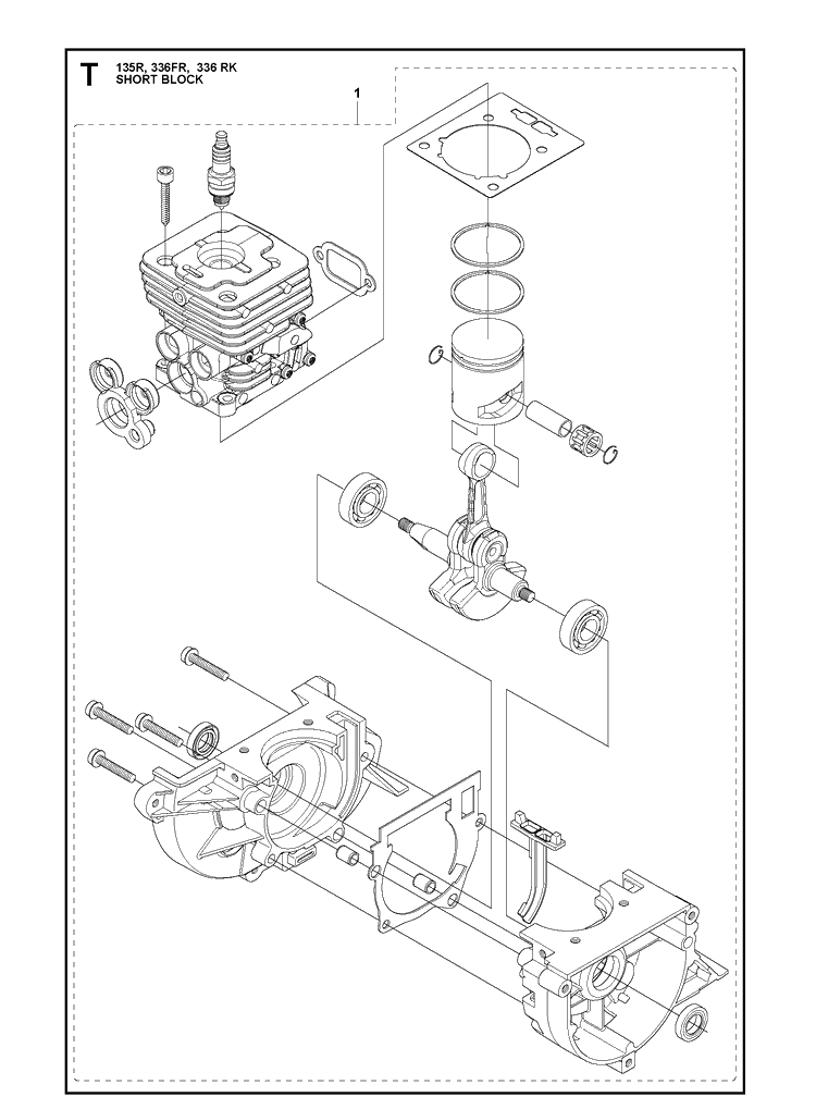 Short Block Diagram and Parts List for 135R  Husqvarna Brush Cutter