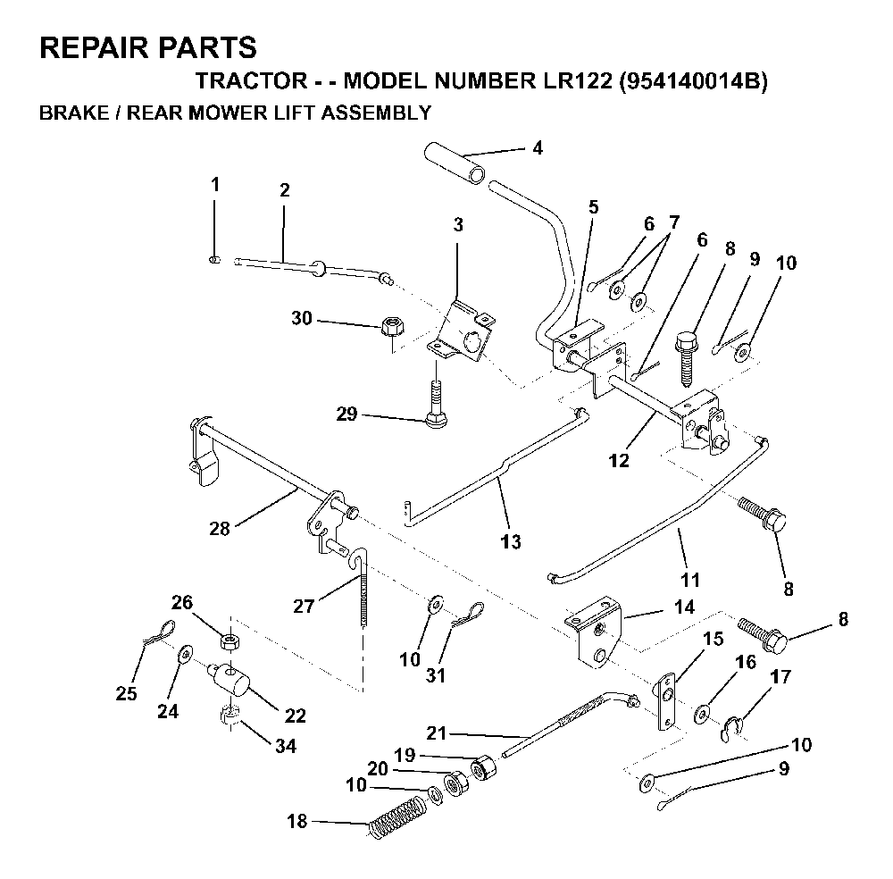 Brake / Rear Mower Lift Diagram and Parts List for LR122 (954140014B)(1999-03) Husqvarna Lawn Tractor