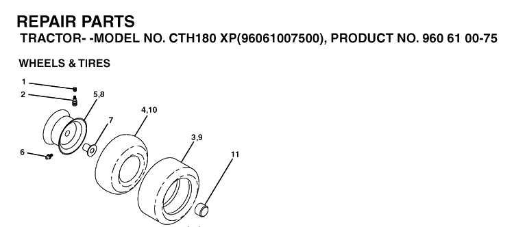 Wheels And Tires Diagram and Parts List for CTH180XP (96061007500)(2006-03) Husqvarna Lawn Tractor