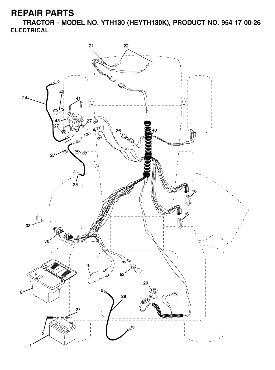 Electrical Diagram and Parts List for YTH130 (954170026-K)(2001-01) Husqvarna Lawn Tractor