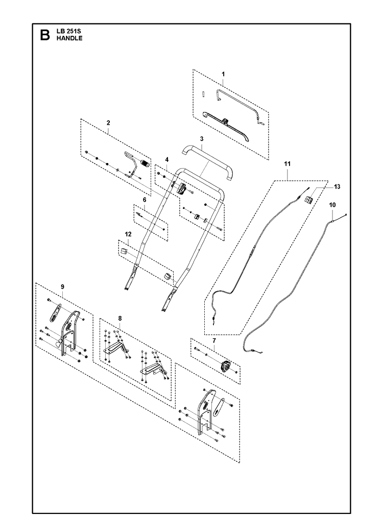 Handle Diagram and Parts List for LB251S 970488001 Husqvarna Lawn Mower