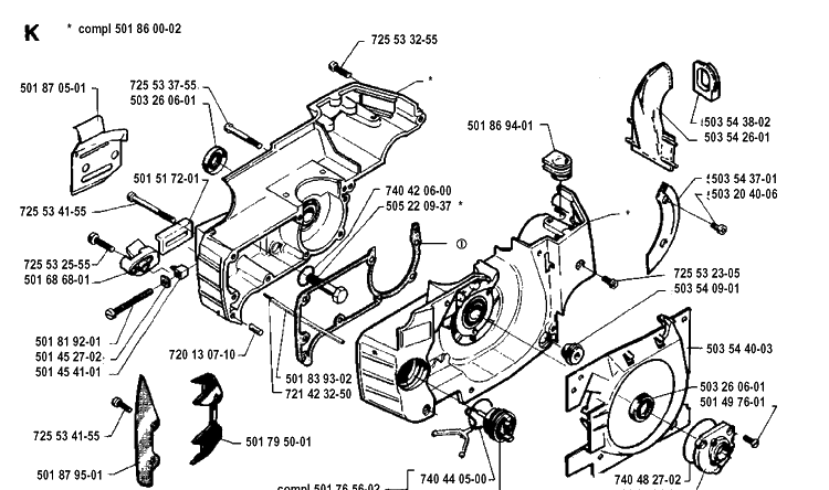 Crankcase Diagram and Parts List for 262XP 19924400001-19942300000 Husqvarna Chainsaw