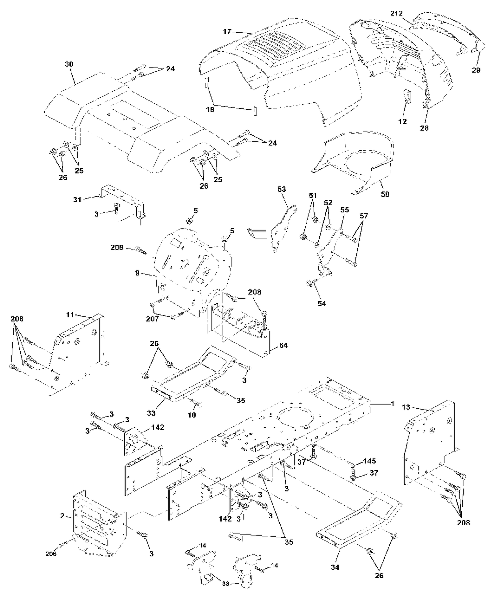 Chassis And Enclosures Diagram and Parts List for LTH1342 (954567031-B)(2001-01) Husqvarna Lawn Tractor