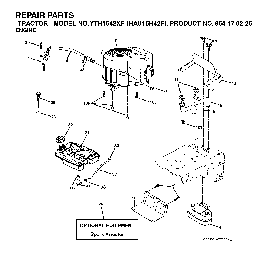 Engine Diagram and Parts List for YTH1542XP (HAU15H42F, 954170225)(2004-09) Husqvarna Lawn Tractor