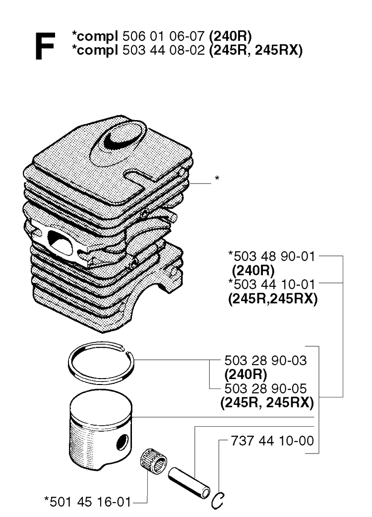 Cylinder Piston Diagram and Parts List for 245R 20023100001-Current Husqvarna Brush Cutter