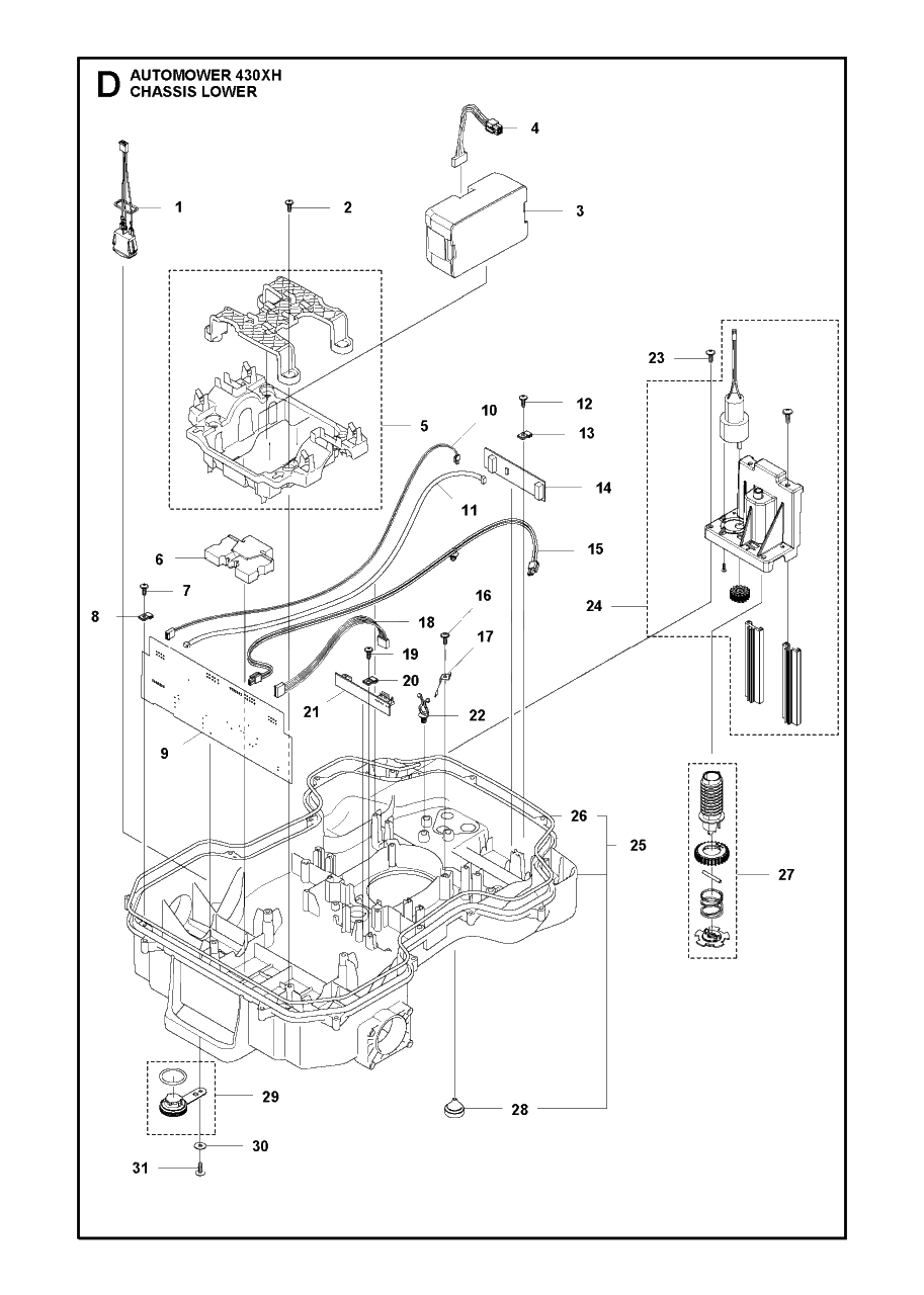 Chassis Lower Diagram and Parts List for 430XH 2020 Husqvarna Lawn Mower