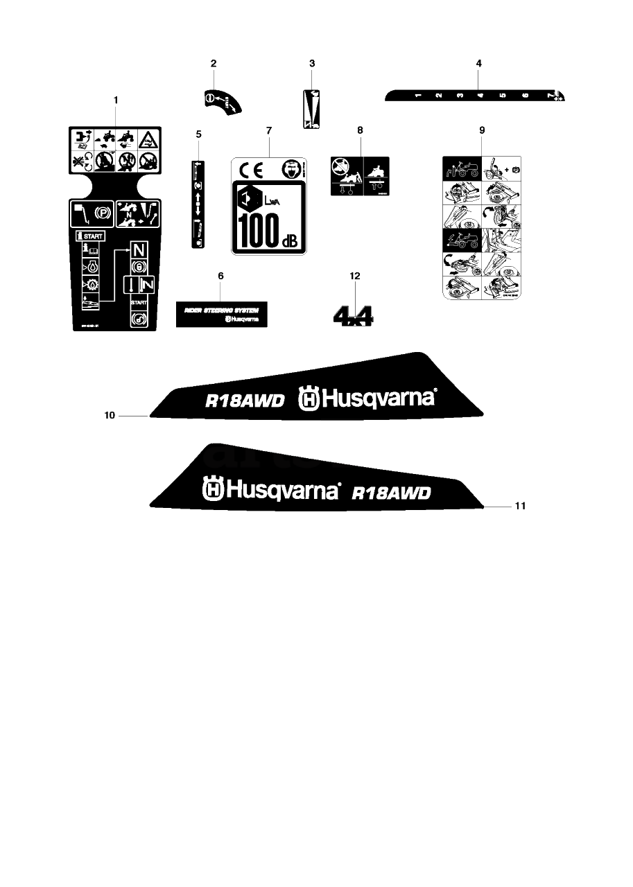Decals Diagram and Parts List for R18AWD (966414101)(2010-07) Husqvarna Lawn Tractor