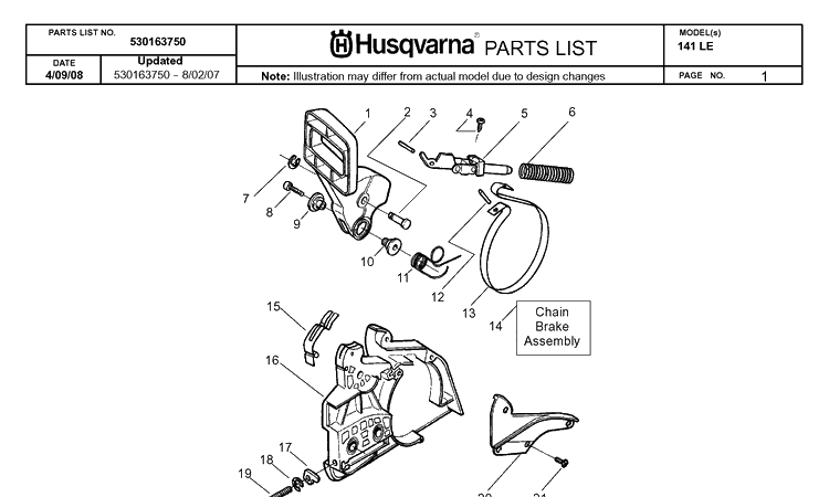 Chain Brake Diagram and Parts List for 141LE 2008-06 Husqvarna Chainsaw