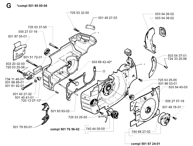 Crankcase Diagram and Parts List for 257 19960100001-19980900000 Husqvarna Chainsaw