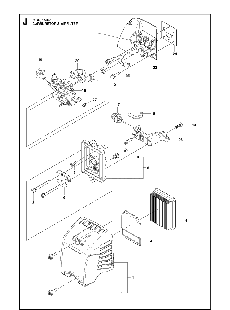 Carburetor And Air Filter Diagram and Parts List for 553RS  Husqvarna Brush Cutter