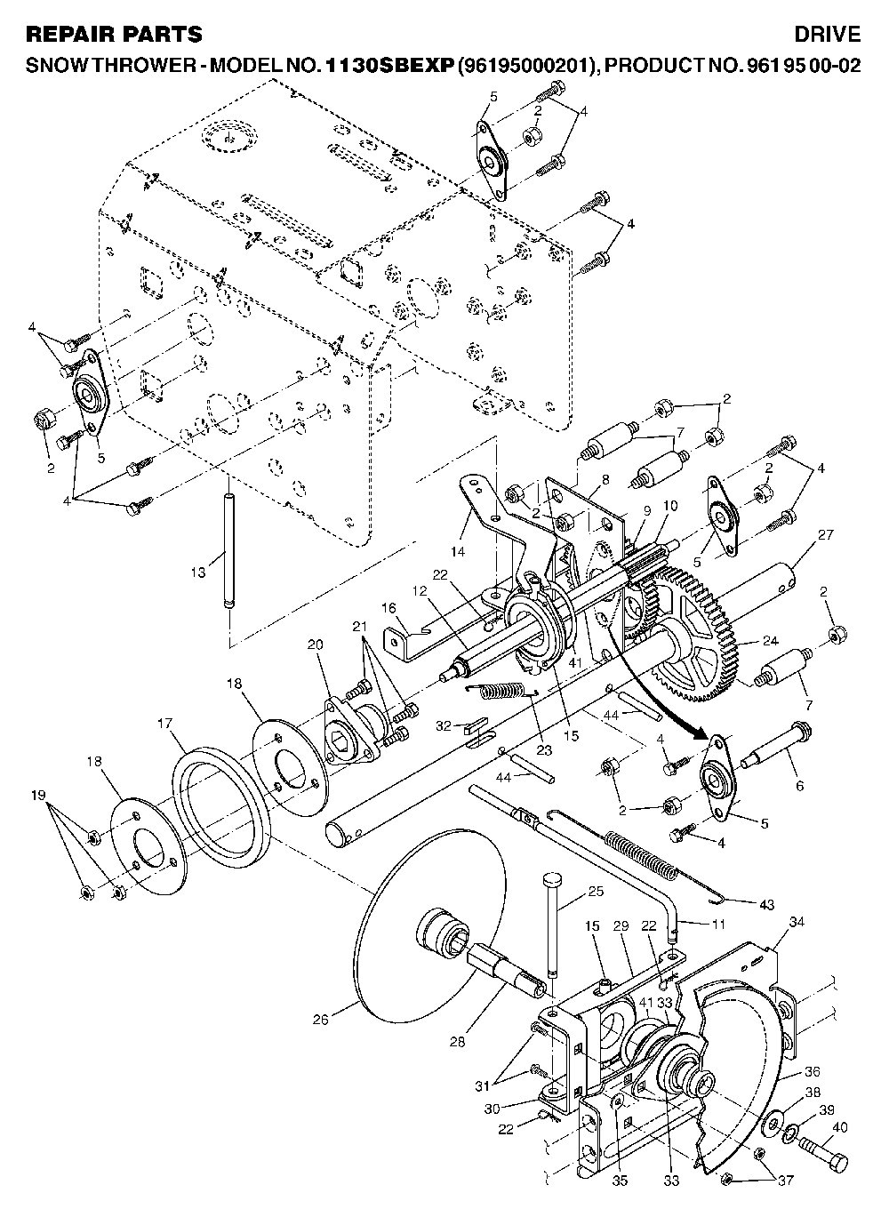 Drive Diagram and Parts List for 1130SBEXP (96195000201, 961950002)(2006-10) Husqvarna Snow Blower