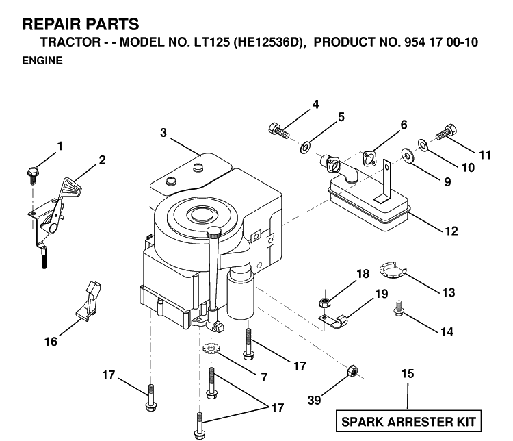 Engine And Cutting Equipment Diagram and Parts List for LT125 (HE12536D)(1998-12) Husqvarna Lawn Tractor