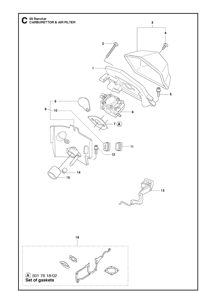 Carburetor And Air Filter Diagram and Parts List for 55 (RANCHER)(20101400001-Current) Husqvarna Chainsaw