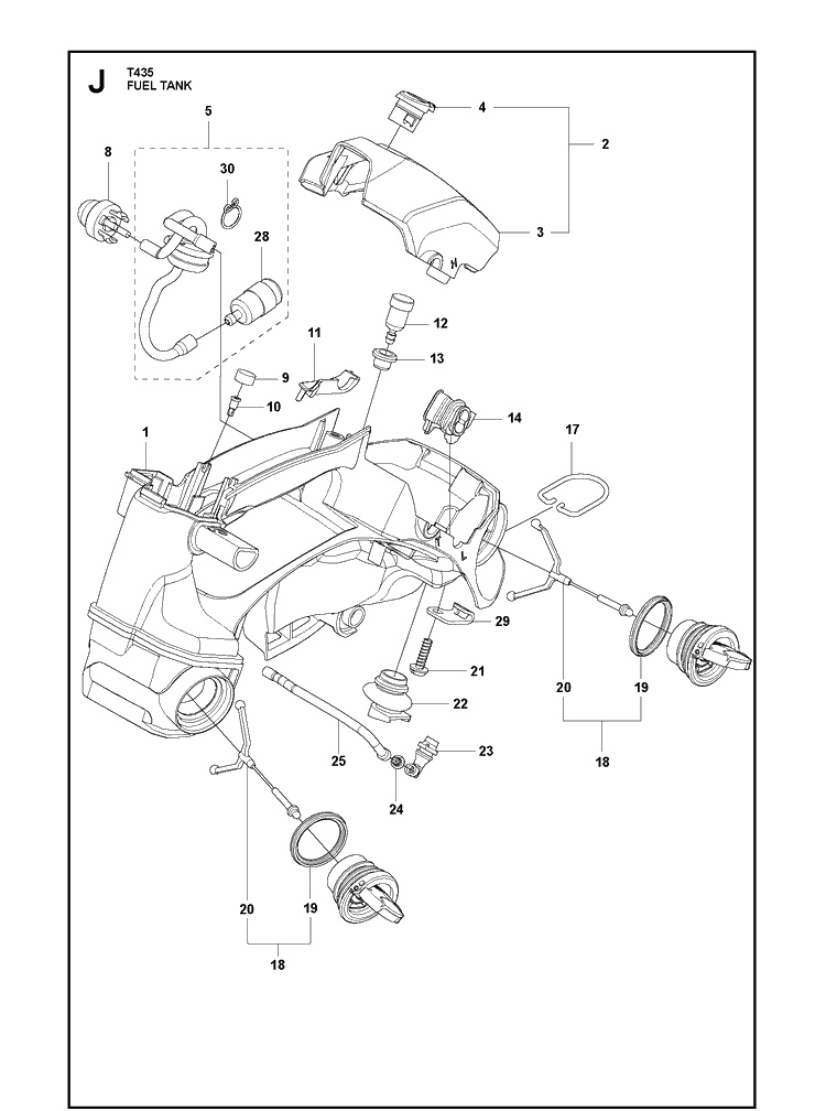 Fuel Tank Diagram and Parts List for T435  Husqvarna Chainsaw