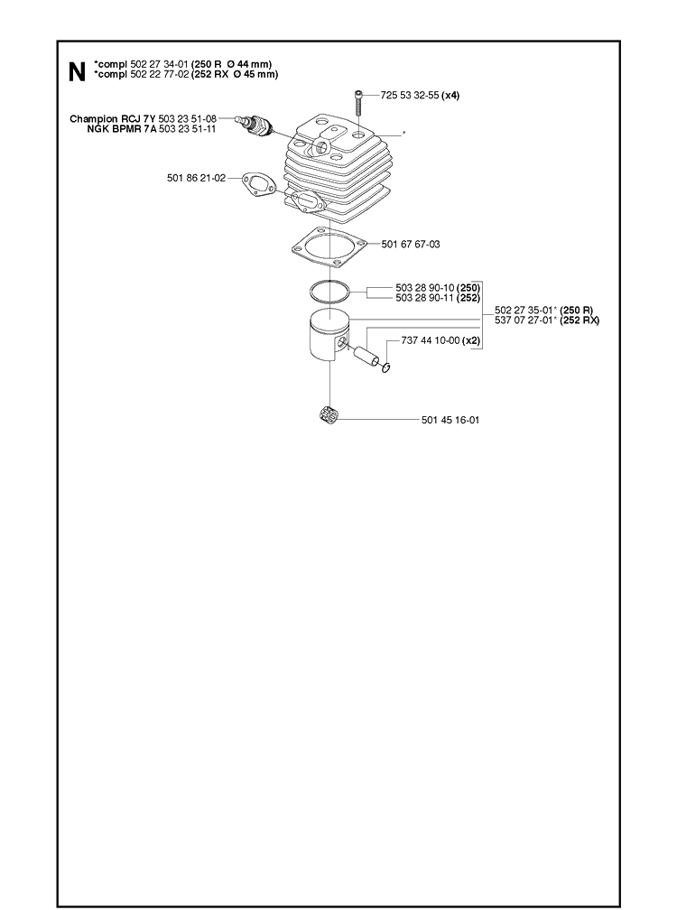 Cylinder Piston Diagram and Parts List for 250R  Husqvarna Brush Cutter