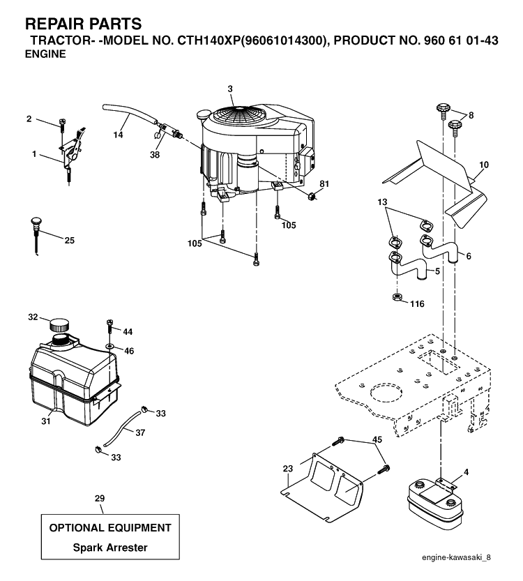 Engine And Cutting Equipment Diagram and Parts List for CTH140XP (96061014300)(2006-04) Husqvarna Lawn Tractor