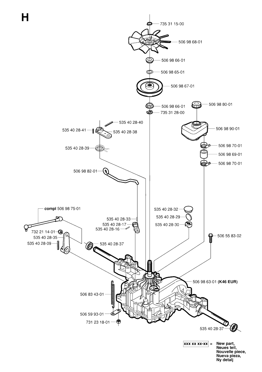 Transmission Diagram and Parts List for R13R (953533901)(2006-01) Husqvarna Lawn Tractor