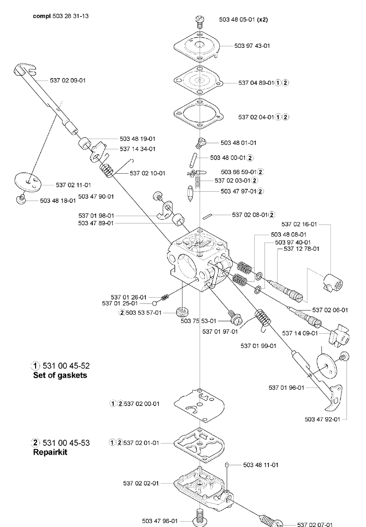 Carburetor Parts Diagram and Parts List for HA110 2005-10 Husqvarna Hedge Trimmer