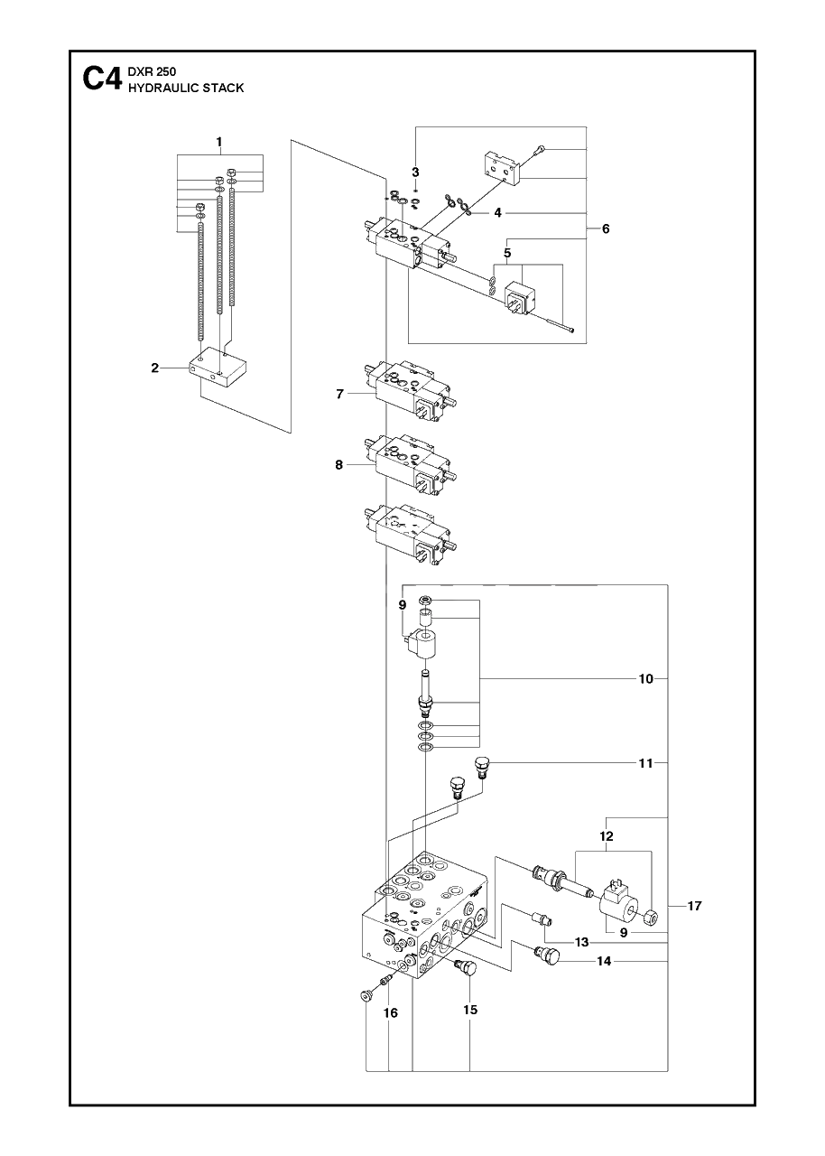 Hydraulic Stack Diagram and Parts List for DXR250 (11)(2010-09) Husqvarna Demolition Hammer