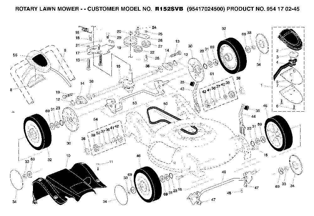 Wheels And Tires Diagram and Parts List for R152SVB (95417024500, 954170245)(2005-02) Husqvarna Lawn Mower