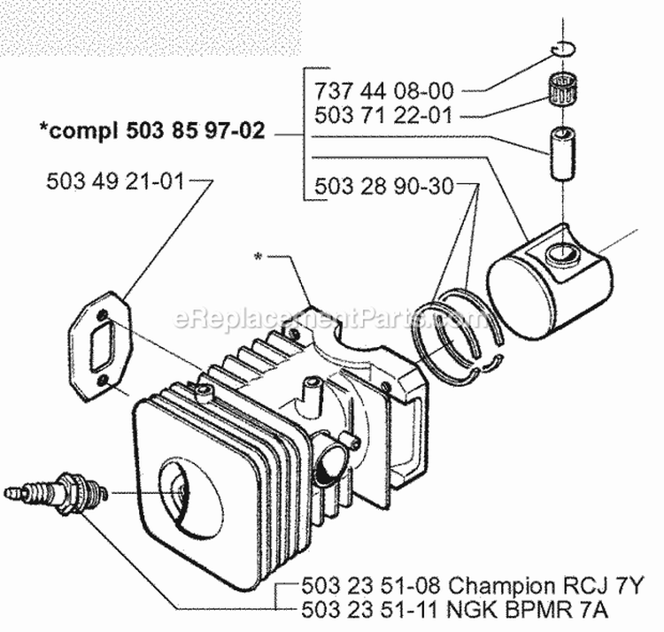 Cylinder Piston Diagram and Parts List for 225BV 1996-08 Husqvarna Leaf Blower / Vacuum