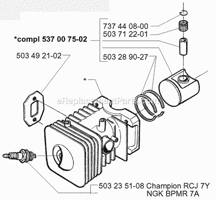 Cylinder Piston Diagram and Parts List for 225B 2001-06 Husqvarna Leaf Blower / Vacuum
