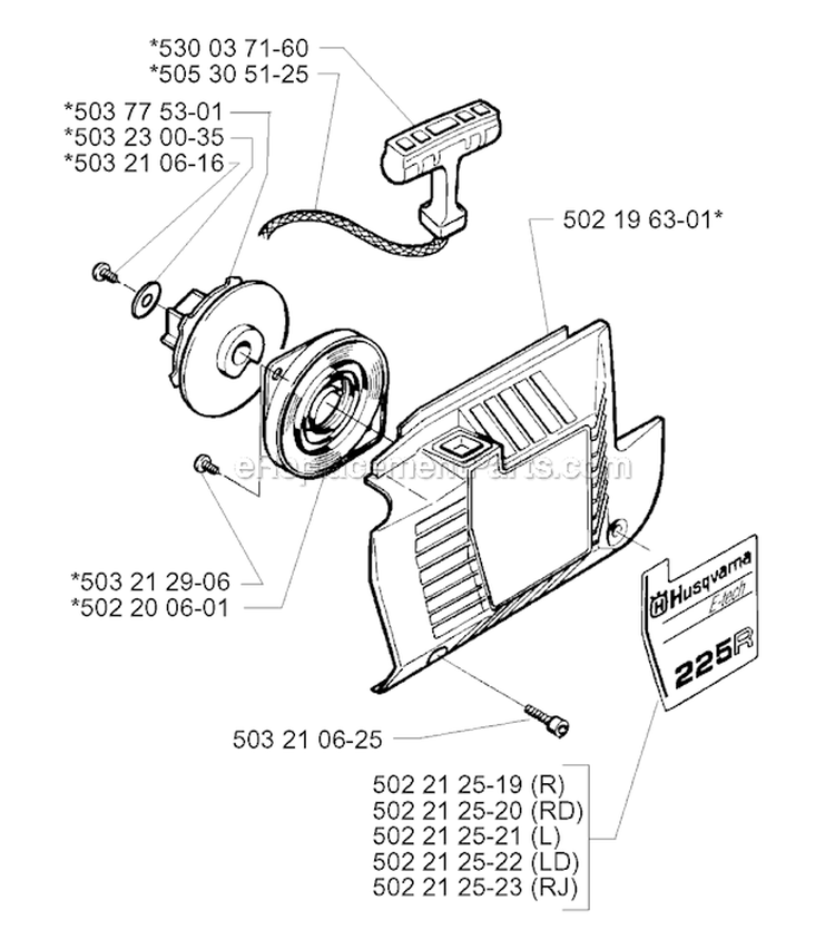 Starter Diagram and Parts List for 225RD 1997-02 Husqvarna Brush Cutter