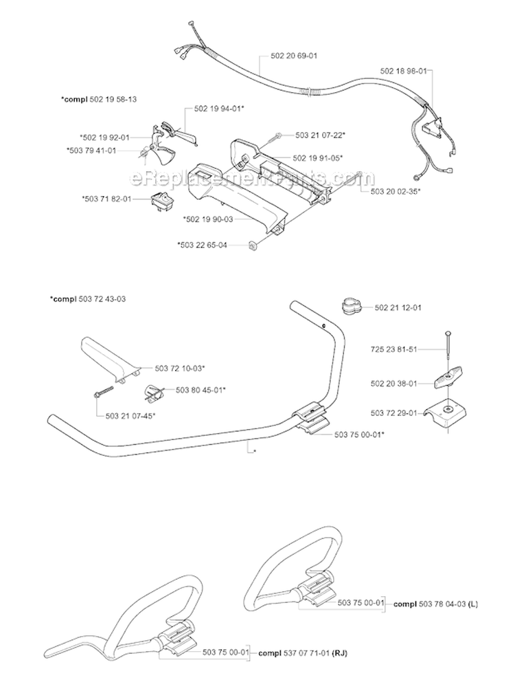 Handle  Controls Diagram and Parts List for 225RJ 2000-10 Husqvarna Brush Cutter
