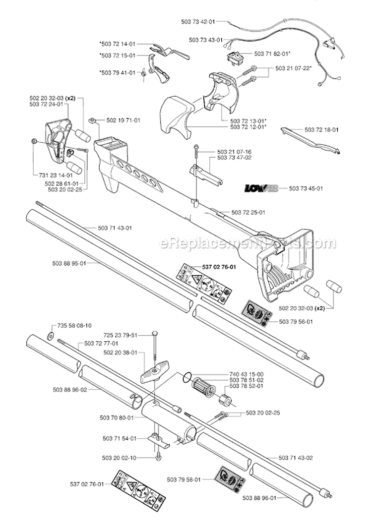 Shaft  Handle Diagram and Parts List for 225RJ 2000-10 Husqvarna Brush Cutter