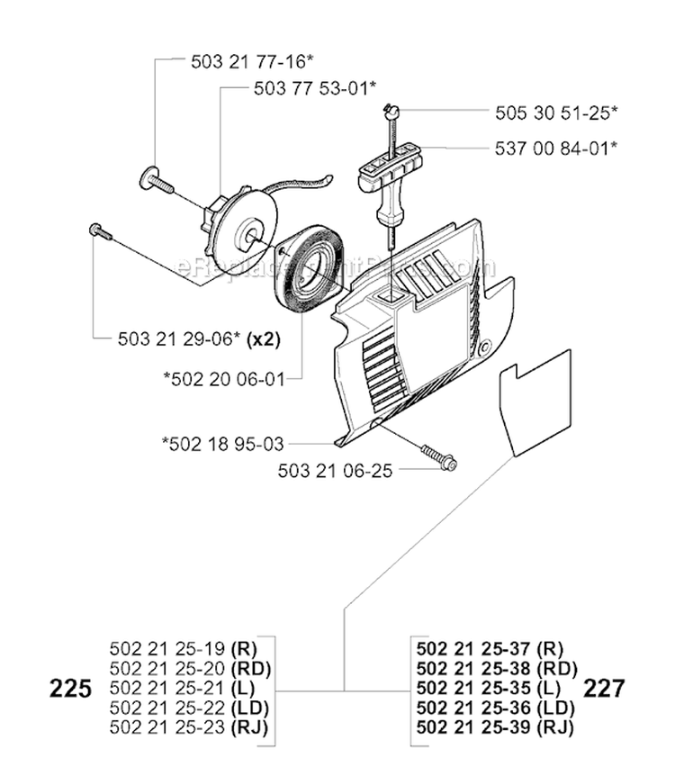 Starter Diagram and Parts List for 225RJ 2000-10 Husqvarna Brush Cutter