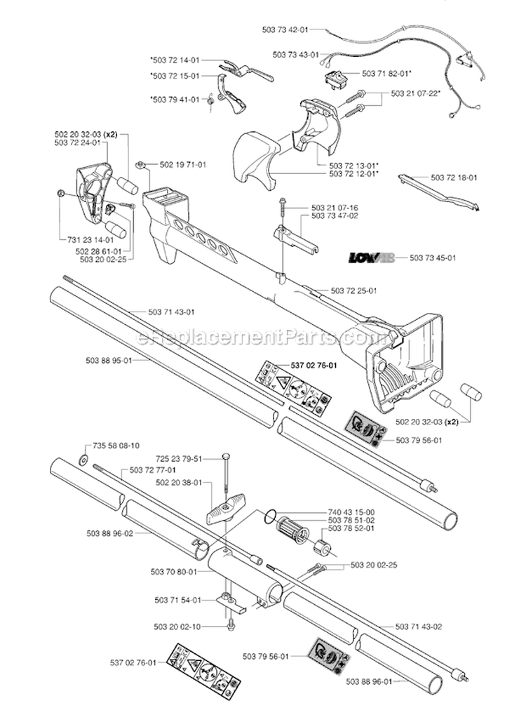 Shaft  Handle Diagram and Parts List for 225R 2000-10 Husqvarna Brush Cutter