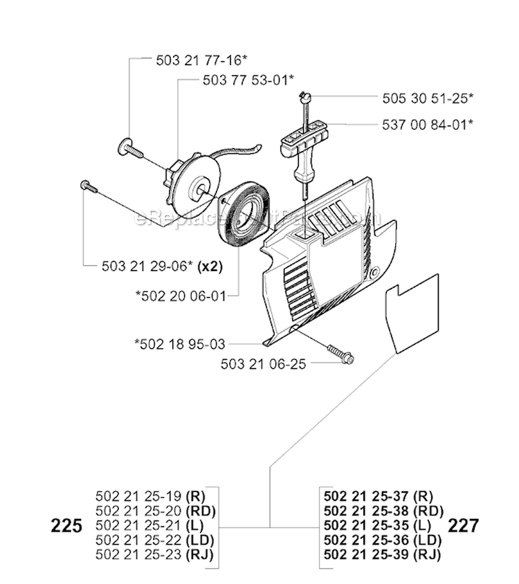 Starter Diagram and Parts List for 225R 2000-10 Husqvarna Brush Cutter