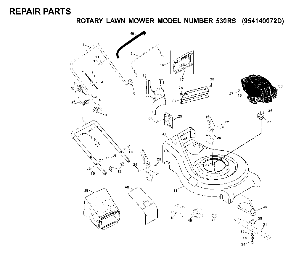 Repair Parts Diagram and Parts List for 530RS (954140072 D)(1999-12) Husqvarna Lawn Mower