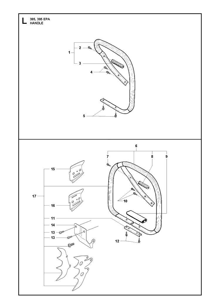 Handle Diagram and Parts List for 395XP/ (XPG - 395 XP EPA)(20163900001-20193499999) Husqvarna Chainsaw