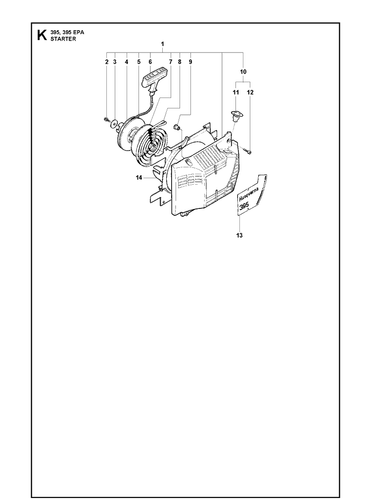 Starter Diagram and Parts List for 395XP/ (XPG - 395 XP EPA)(20163900001-20193499999) Husqvarna Chainsaw