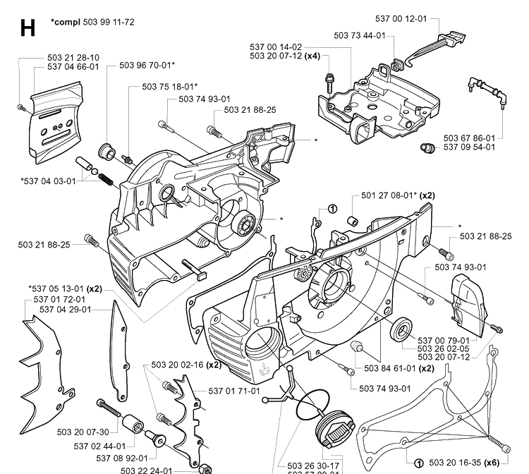 Crankcase Diagram and Parts List for 385XP 20034000001-20051000000 Husqvarna Chainsaw