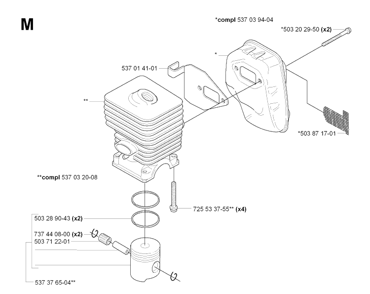 Cylinder, Piston And Muffler Diagram and Parts List for 323HE3 20090900001-Current Husqvarna Hedge Trimmer