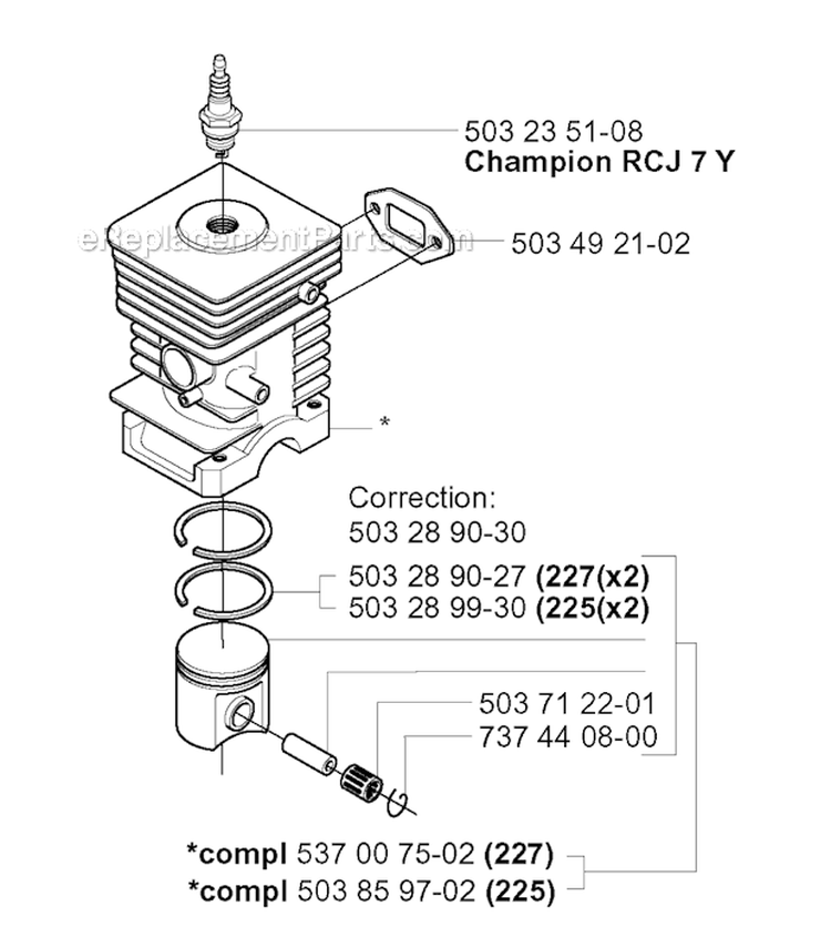Cylinder Piston Diagram and Parts List for 227RD 2000-10 Husqvarna Brush Cutter