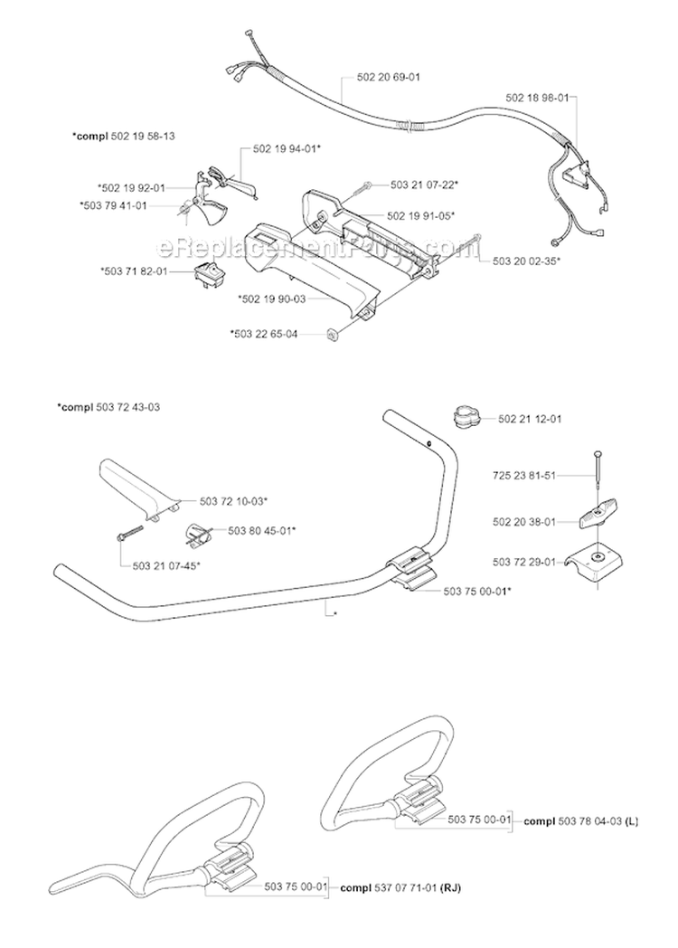 Handle  Controls Diagram and Parts List for 227RJ 2000-10 Husqvarna Brush Cutter